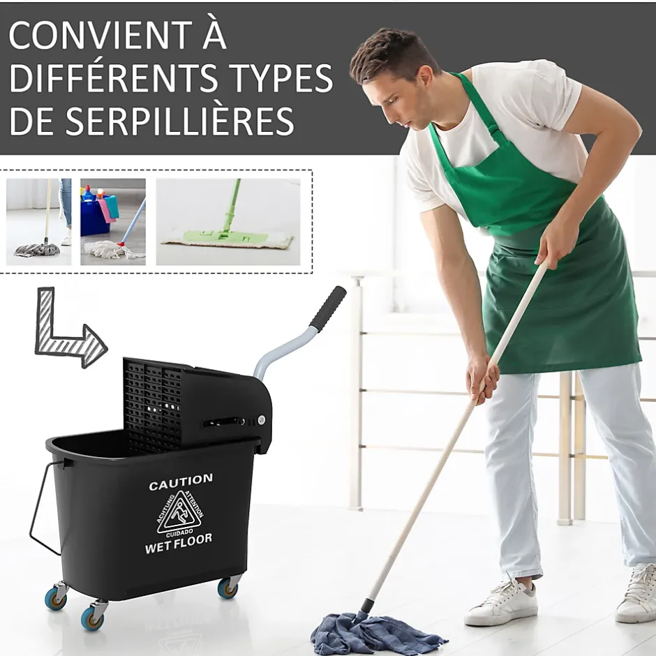Homcom Chariot de nettoyage lavage seau de ménage 20 L avec essoreur et séparateur eau sale propre noir Outlet