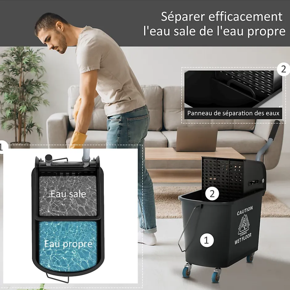 Homcom Chariot de nettoyage lavage seau de ménage 20 L avec essoreur et séparateur eau sale propre noir Outlet
