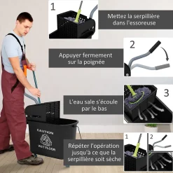 Homcom Chariot de nettoyage lavage seau de ménage 20 L avec essoreur et séparateur eau sale propre noir Outlet