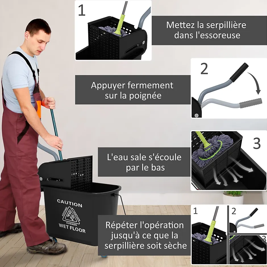Homcom Chariot de nettoyage lavage seau de ménage 20 L avec essoreur et séparateur eau sale propre noir Outlet