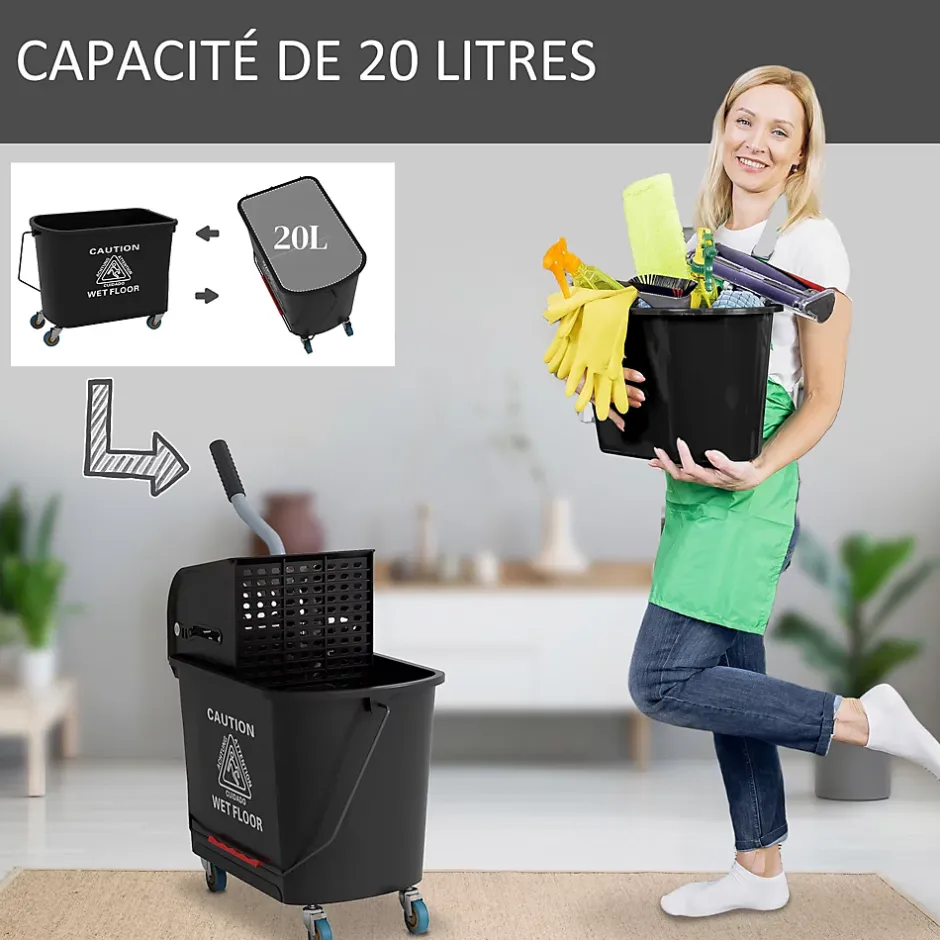 Homcom Chariot de nettoyage lavage seau de ménage 20 L avec essoreur et séparateur eau sale propre noir Outlet
