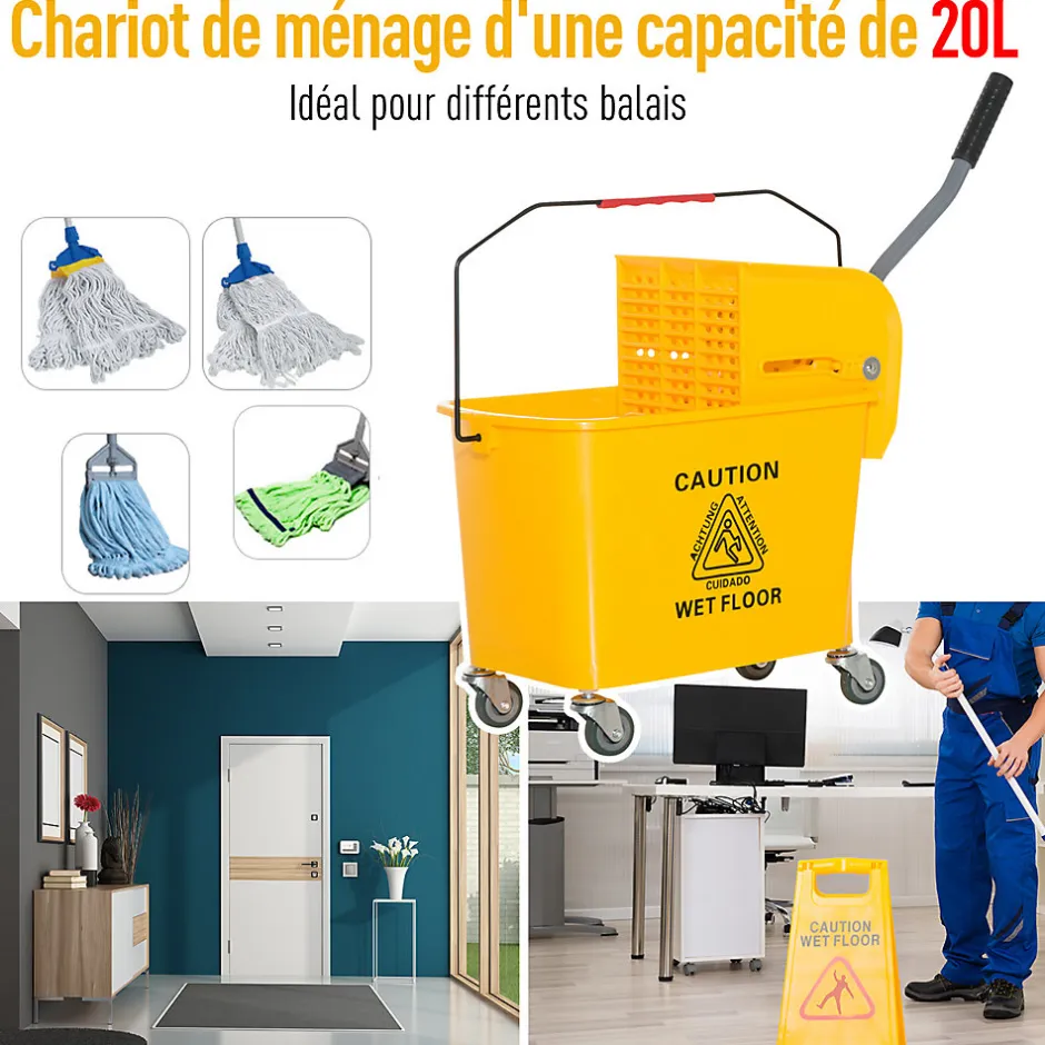 Homcom Chariot de nettoyage lavage seau de ménage 20 L avec essoreur et séparateur eau sale propre jaune