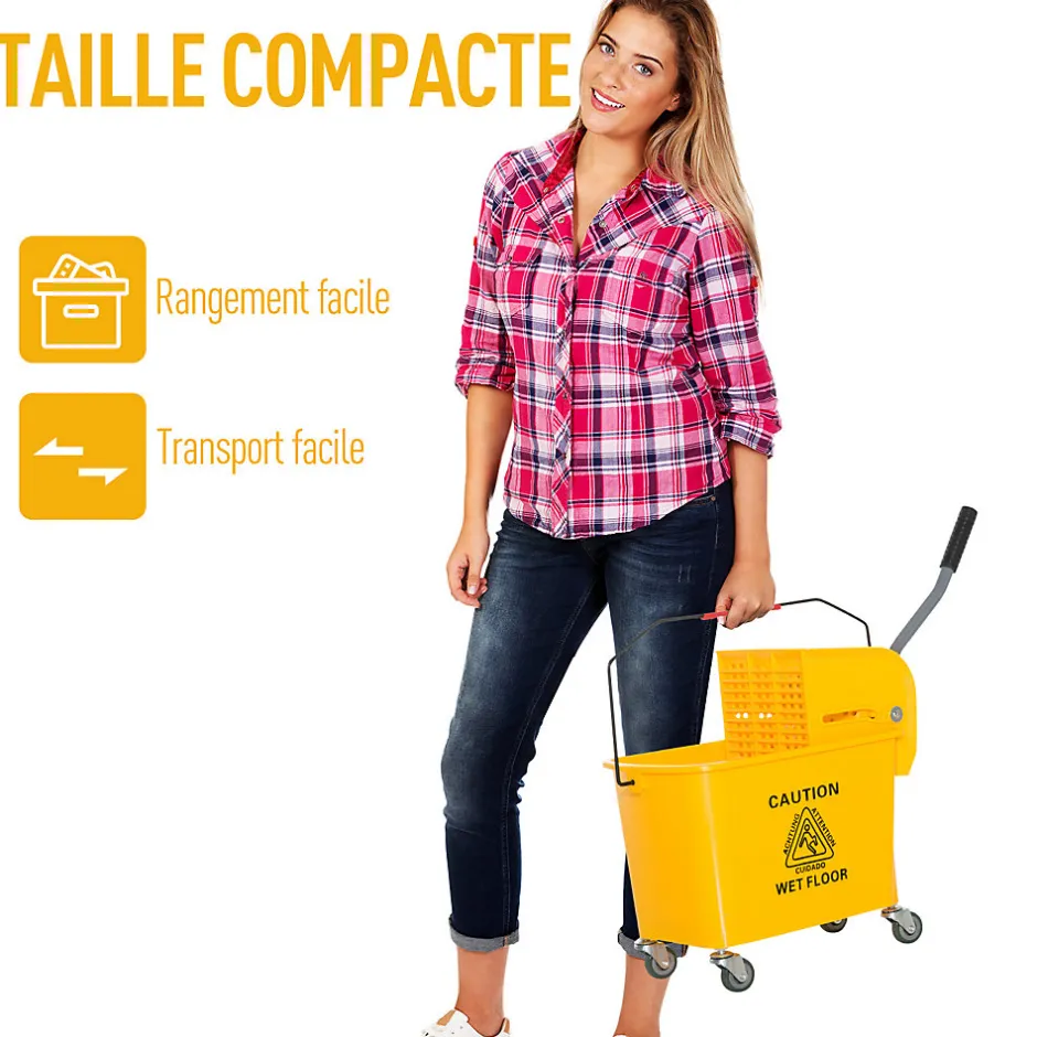 Homcom Chariot de nettoyage lavage seau de ménage 20 L avec essoreur et séparateur eau sale propre jaune