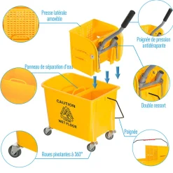 Homcom Chariot de nettoyage lavage seau de ménage 20 L avec essoreur et séparateur eau sale propre jaune
