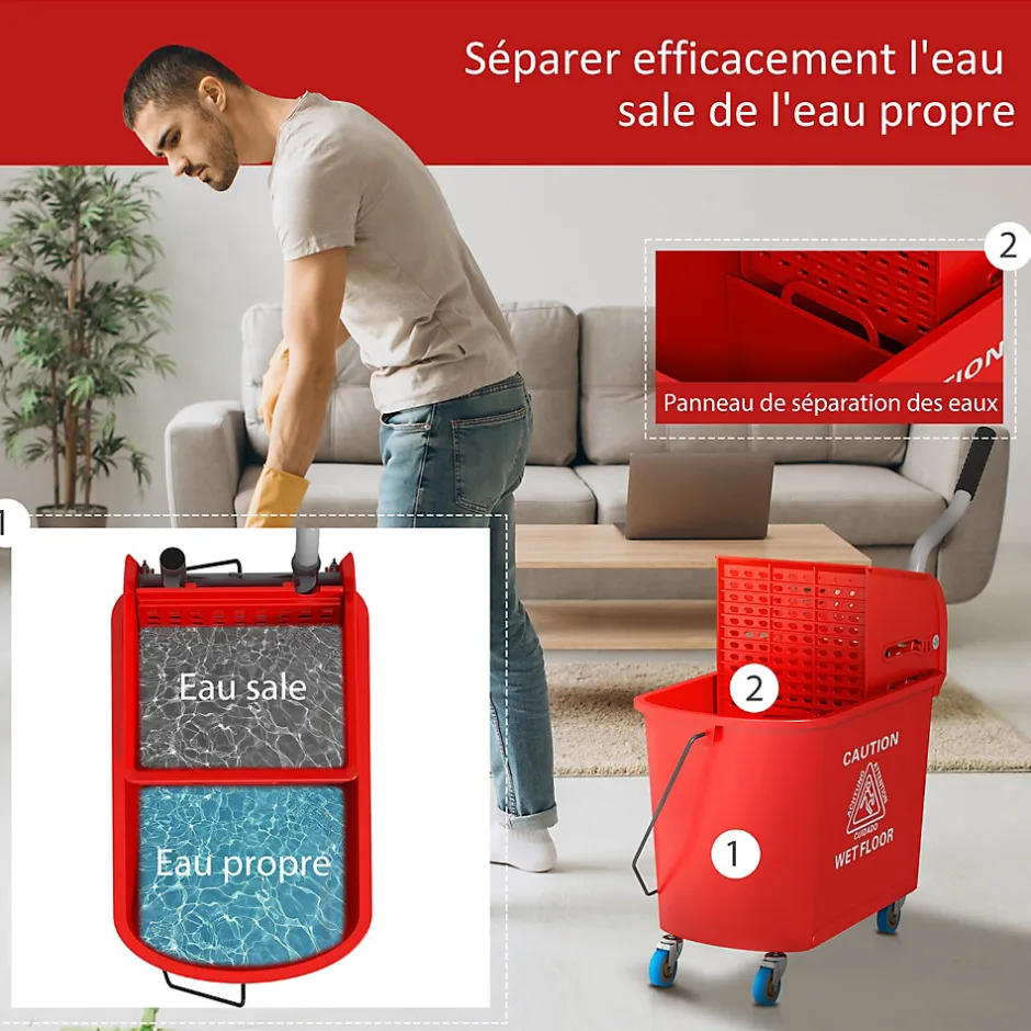 Homcom Chariot de nettoyage lavage seau de ménage 20 L avec essoreur et séparateur eau sale propre rouge