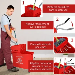 Homcom Chariot de nettoyage lavage seau de ménage 20 L avec essoreur et séparateur eau sale propre rouge
