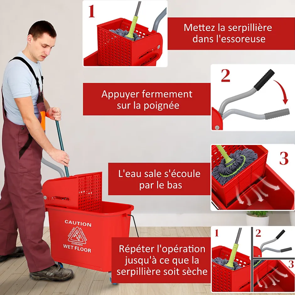 Homcom Chariot de nettoyage lavage seau de ménage 20 L avec essoreur et séparateur eau sale propre rouge