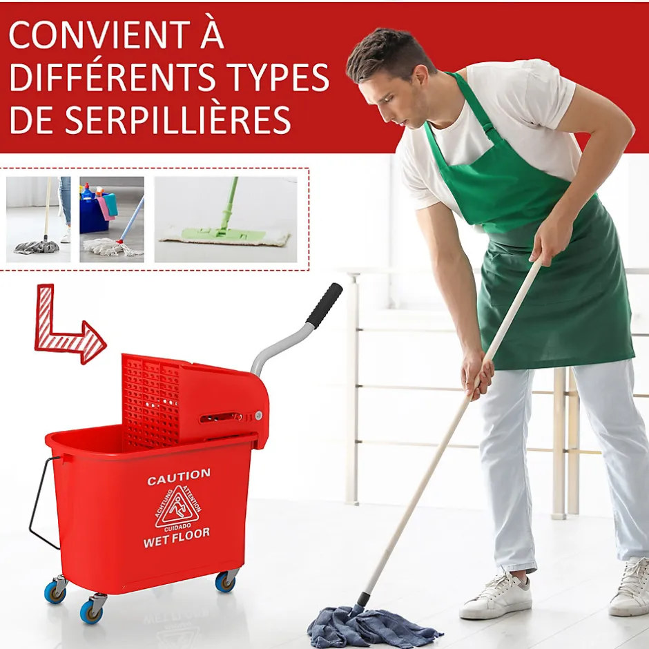 Homcom Chariot de nettoyage lavage seau de ménage 20 L avec essoreur et séparateur eau sale propre rouge