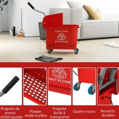 Homcom Chariot de nettoyage lavage seau de ménage 20 L avec essoreur et séparateur eau sale propre rouge