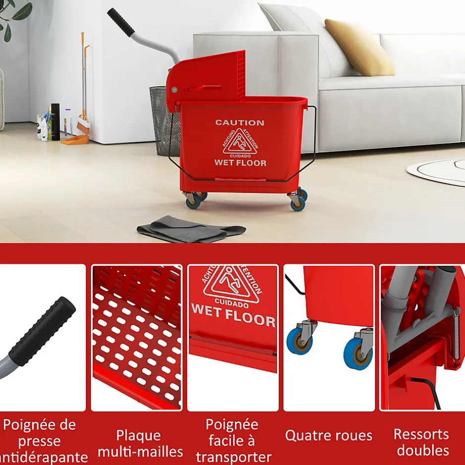 Homcom Chariot de nettoyage lavage seau de ménage 20 L avec essoreur et séparateur eau sale propre rouge