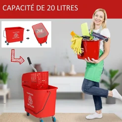 Homcom Chariot de nettoyage lavage seau de ménage 20 L avec essoreur et séparateur eau sale propre rouge