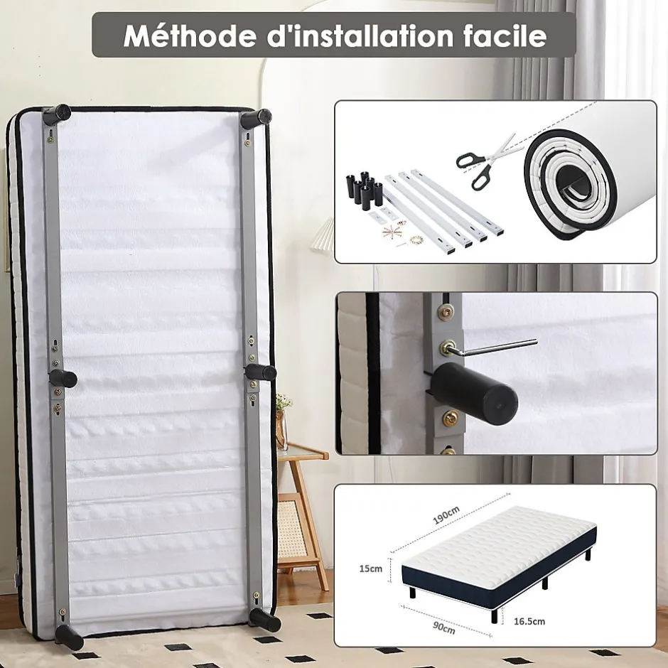 Teeno Combinaison lit matelas 90x190 cm, Matelas à Mémoire de Forme + Cadre de Lit en Fer, Comprenant 6 pieds, Epaisseur du matelas 15