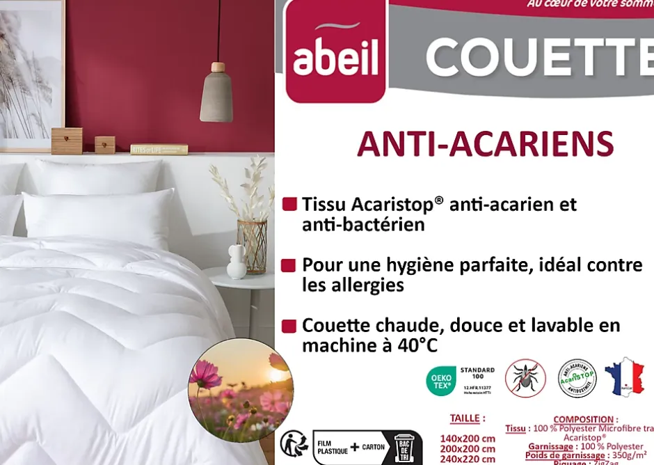 Abeil Couette anti-acariens chaude 200 x 200 cm polyester blanc New