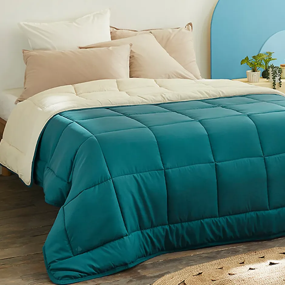 Linnea Couette hiver 260x240 cm COCOON BICOLORE Bleu paon/Galet garnissage fibre polyester 400g/m2