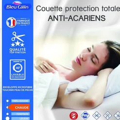 Bleu Calin Couette protection totale anti acariens 400 gr/m² 140 x 200 cm pour lit 1 place 90 x 190 cm