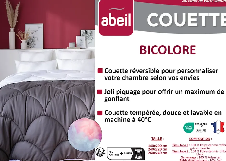 Abeil Couette tempérée 220 x 240 cm bicolore polyester gris et blanc Sale