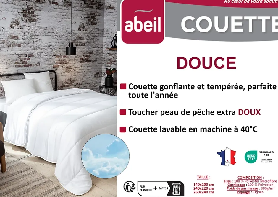 Abeil Couette tempérée 220 x 240 cm polyester microfibre blanc 300g/m²
