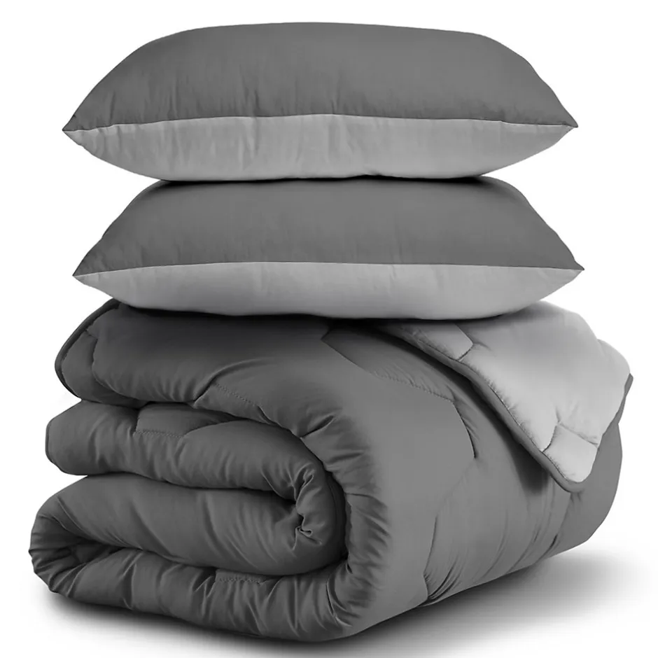 IDMarket Couette 220x240 CM ABBY bicolore gris clair et gris 300 gr + 2 oreillers