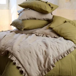 Linnea Couverture courtepointe en mousseline de coton 150x150 cm + 5 cm ELZA beige ficelle