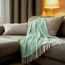 Sacasa Couverture plaid 100% coton bleu turquoise avec franges 180x220cm ZIGORA - Outlet