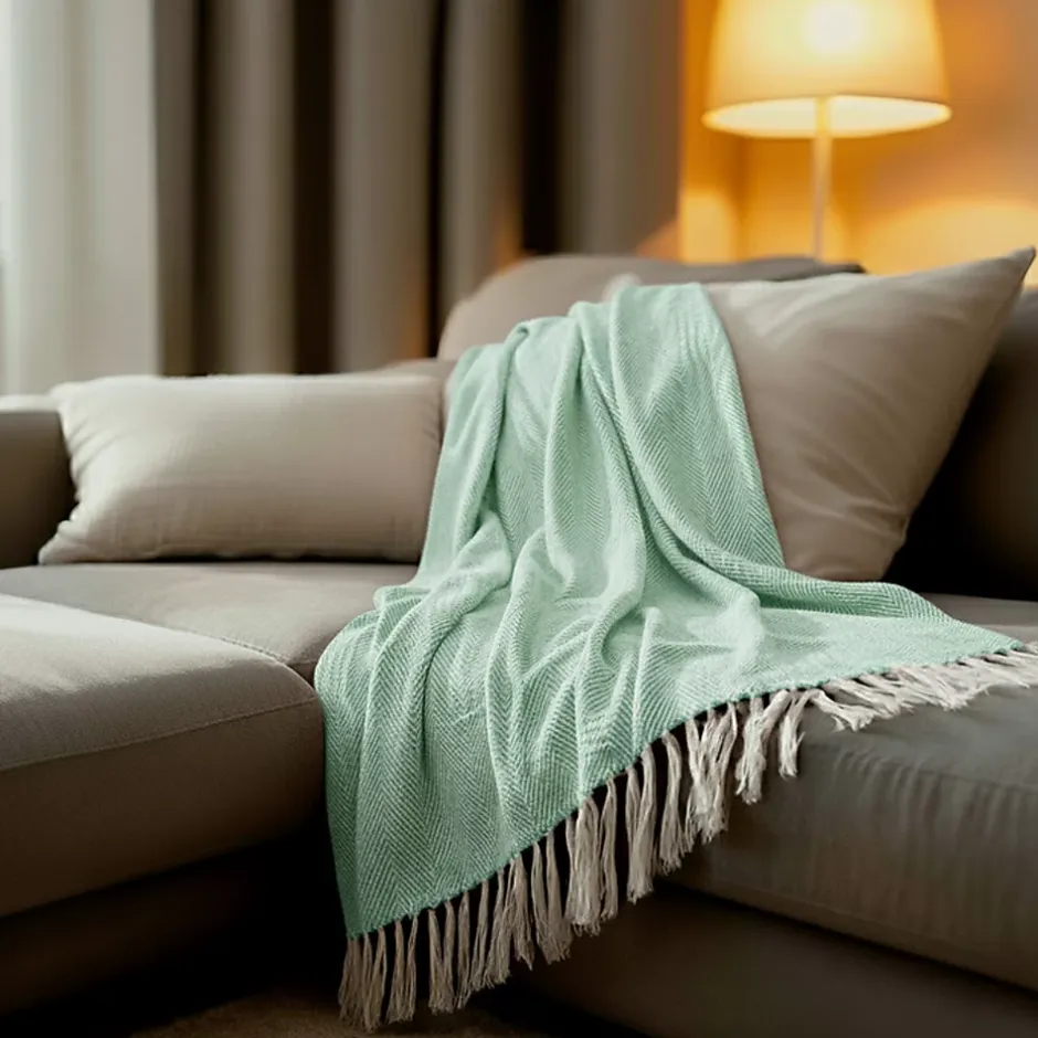 Sacasa Couverture plaid 100% coton bleu turquoise avec franges 180x220cm ZIGORA - Outlet