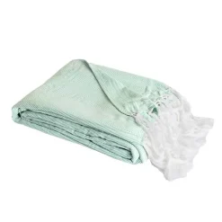 Sacasa Couverture plaid 100% coton bleu turquoise avec franges 180x220cm ZIGORA - Outlet