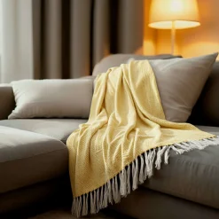 Sacasa Couverture plaid 100% coton jaune avec franges 180x220cm ZIGORA -
