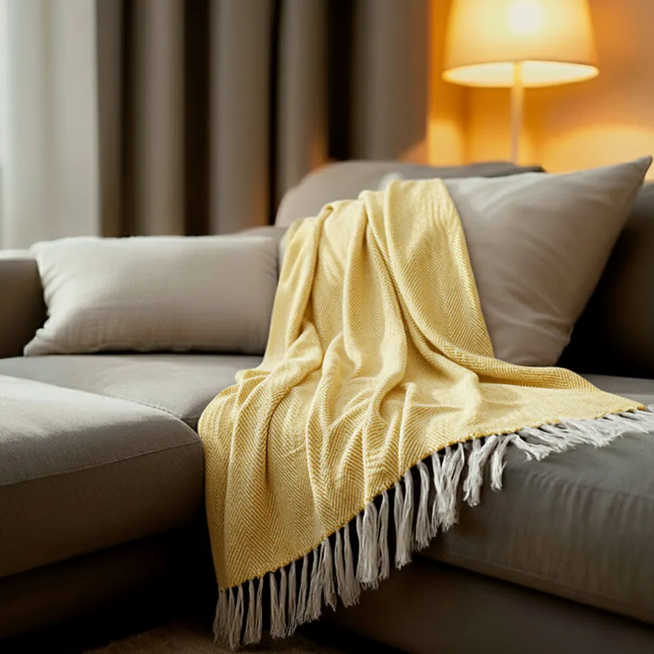 Sacasa Couverture plaid 100% coton jaune avec franges 180x220cm ZIGORA -