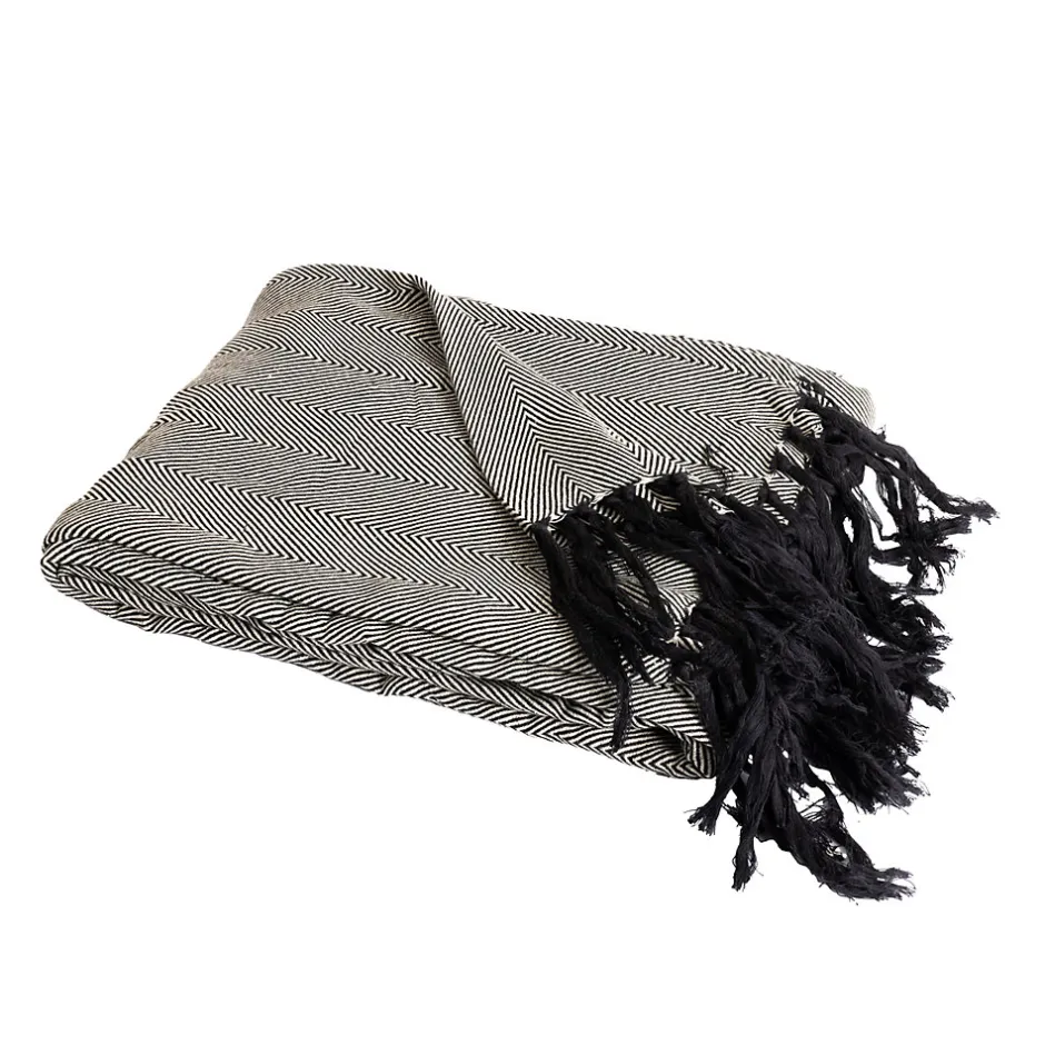 Sacasa Couverture plaid 100% coton noire avec franges ZIGGY -
