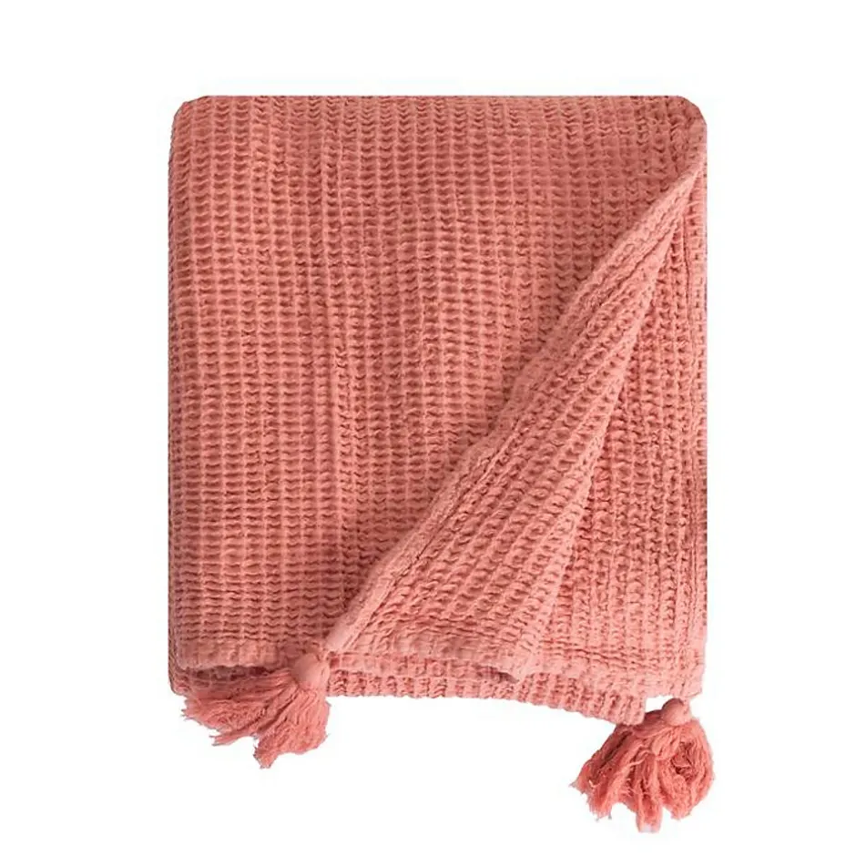 Sacasa Couverture plaid 100% coton rose saumon avec pompons 130x170cm ARNISKA -