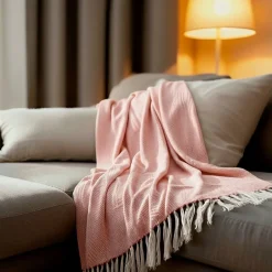 Sacasa Couverture plaid 100% coton rose saumon avec franges 180x220cm ZIGORA - New