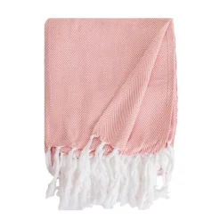 Sacasa Couverture plaid 100% coton rose saumon avec franges 180x220cm ZIGORA - New