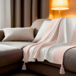 Sacasa Couverture plaid 100% coton rose pâle avec pompons 130x170cm SLAVANN - Outlet