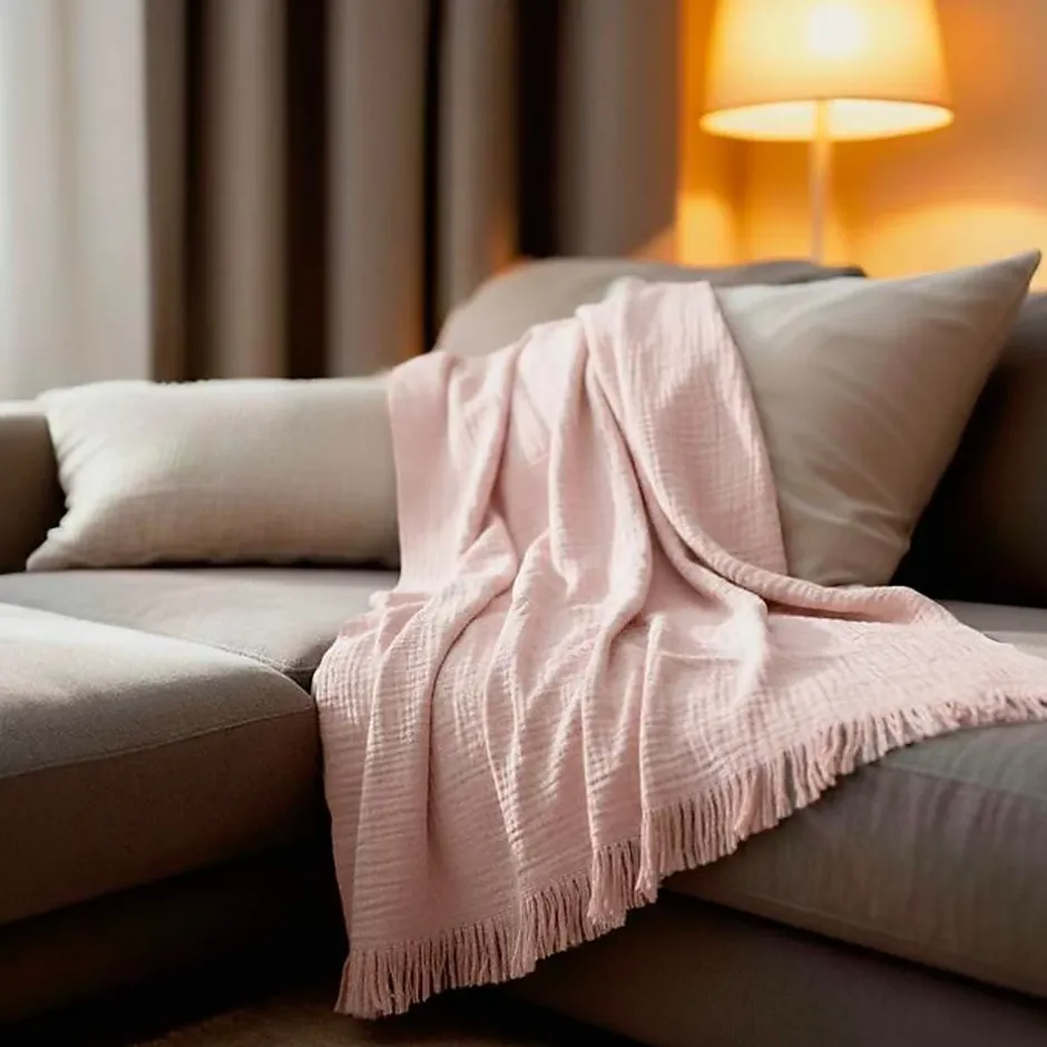 Sacasa Couverture plaid 100% coton rose pâle avec franges 130x170cm BITALD - Clearance