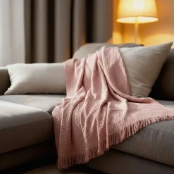 Sacasa Couverture plaid 100% coton rose saumon avec franges 180x220cm BITALD -