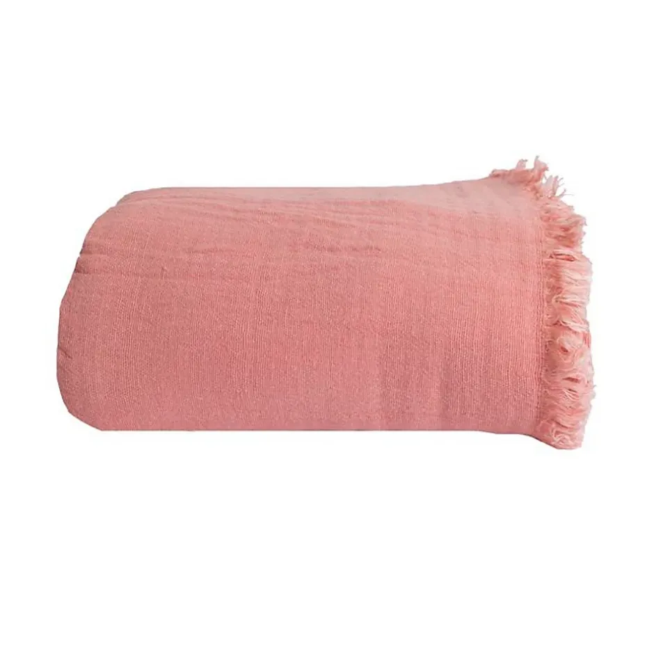 Sacasa Couverture plaid 100% coton rose saumon avec franges 180x220cm BITALD -