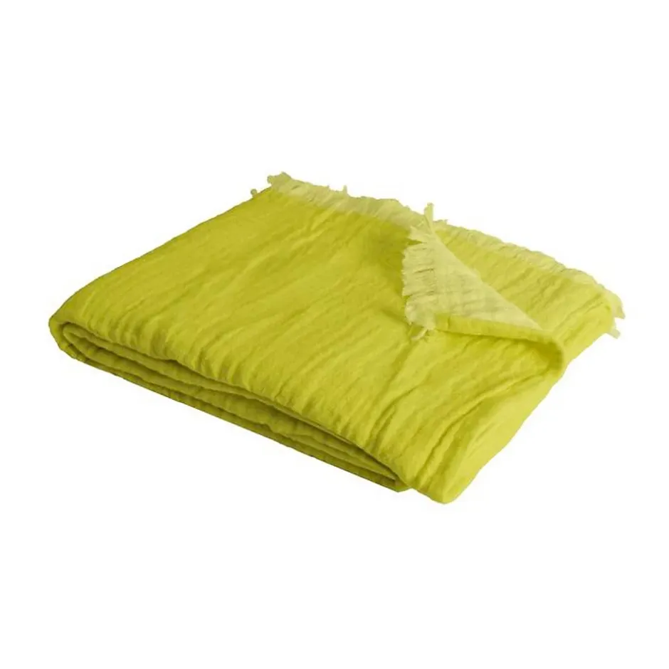 Sacasa Couverture plaid 100% coton vert citron avec franges 130x170cm BITALD - Online
