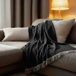 Sacasa Couverture plaid BITALD en coton 100 % - Noir avec franges - 130x170 cm - Hot