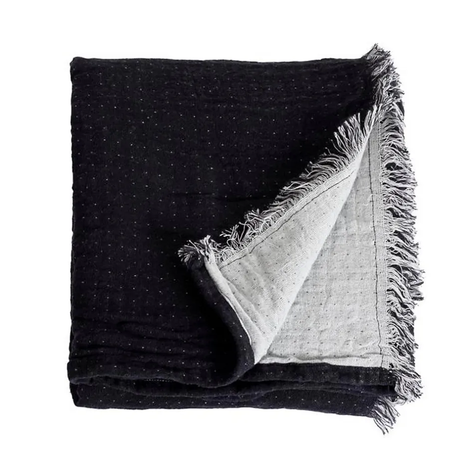 Sacasa Couverture plaid BITALD en coton 100 % - Noir avec franges - 130x170 cm - Hot