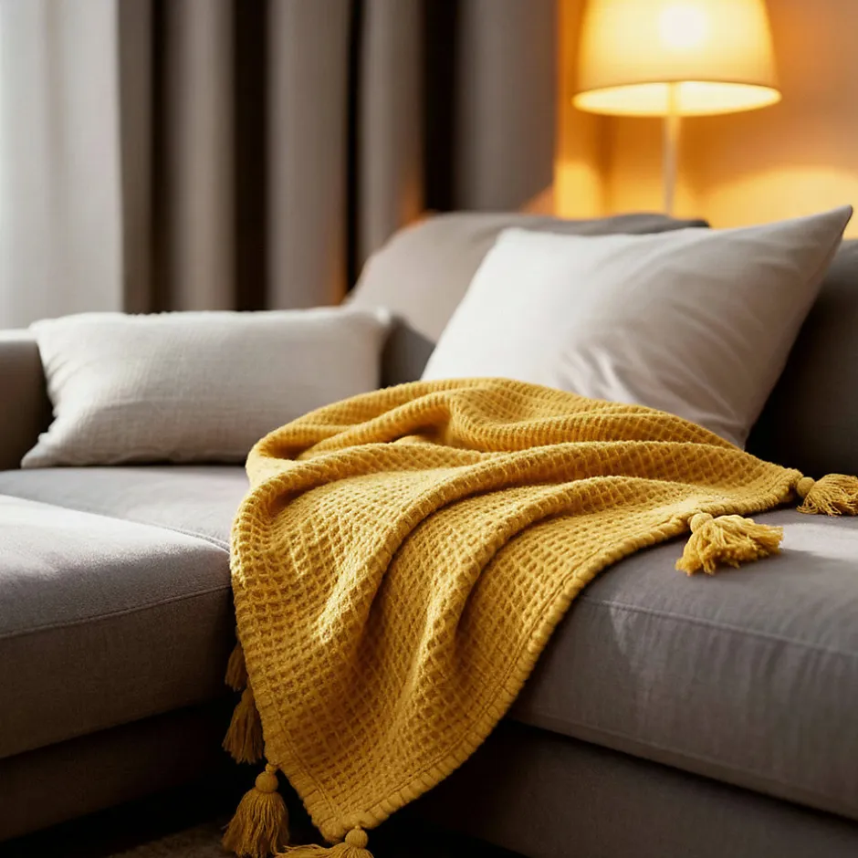 Sacasa Couverture plaid jaune en coton 100% avec franges - 130x170 cm -