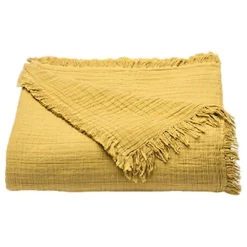 Toison d'Or Couvre lit à franges "Brehat" Gaze de Coton stonewashed - Brehat Miel - 230 x 250 cm