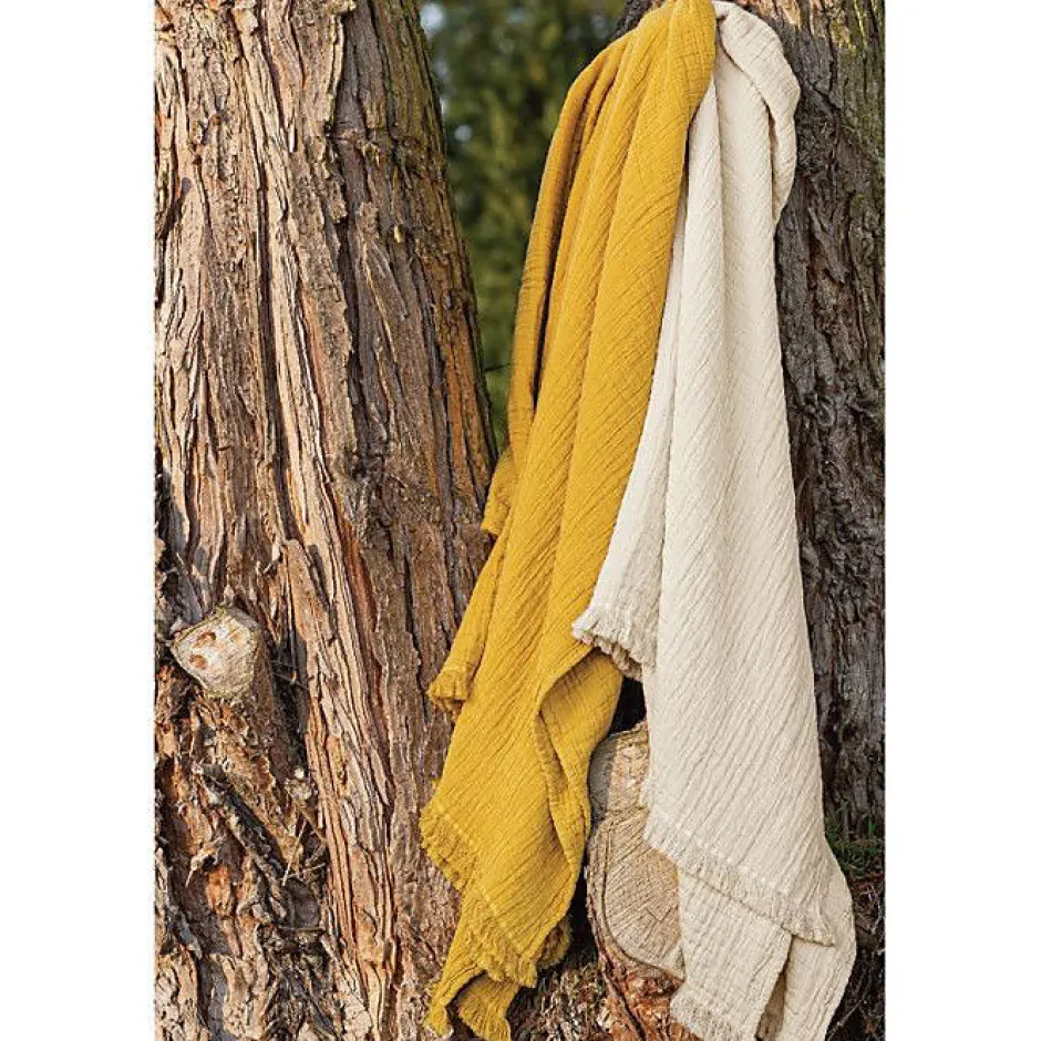 Toison d'Or Couvre lit à franges "Brehat" Gaze de Coton stonewashed - Brehat Miel - 270 x 250 cm