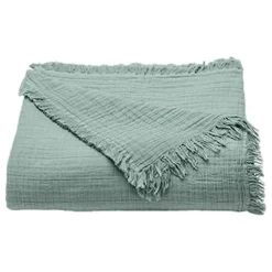 Toison d'Or Couvre lit à franges "Brehat" Gaze de Coton stonewashed - Brehat Lichen - 230 x 250 cm