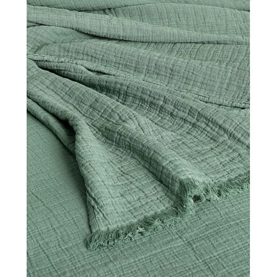 Toison d'Or Couvre lit à franges "Brehat" Gaze de Coton stonewashed - Brehat Lichen - 230 x 250 cm