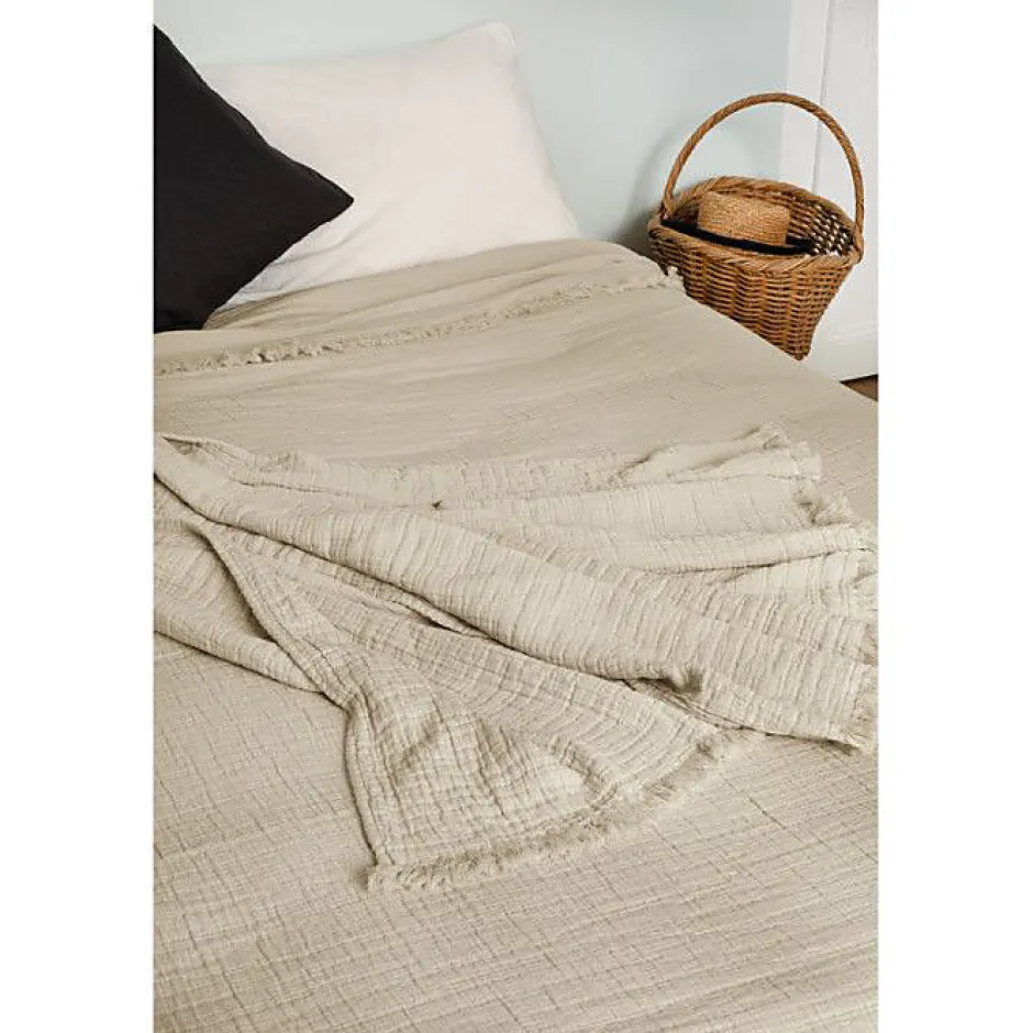 Toison d'Or Couvre lit à franges "Brehat" Gaze de Coton stonewashed - Brehat Galet - 270 x 250 cm