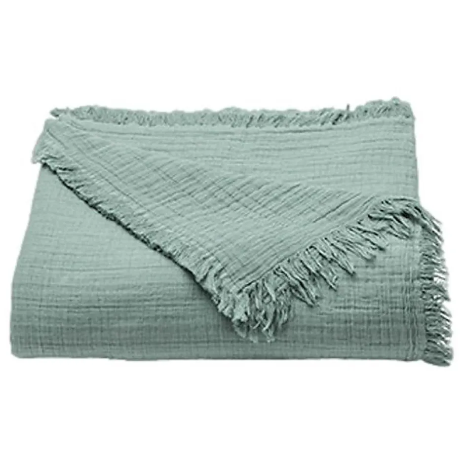 Toison d'Or Couvre lit à franges "Brehat" Gaze de Coton stonewashed - Brehat Lichen - 180 x 250 cm