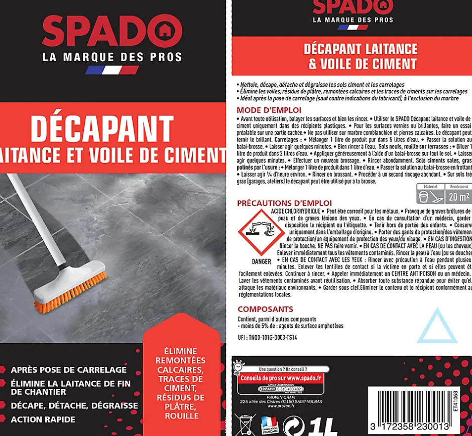 Spado Décapant laitance et voile de ciment professionnel 1L