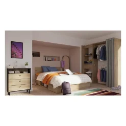 Demeyere Lit adulte MICHIGAN - 160 x 200 cm - Mulitiples rangements - Chene brossé Discount