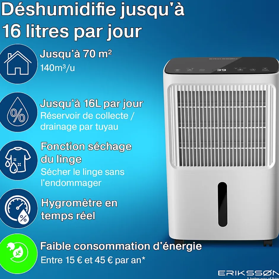 Eriksson Deshumidificateur - Dry Pro Plus - Blanc - Déshumidifie jusqu'à 16 litres par jour Outlet