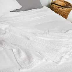 Linnea Dessus de lit frange 270x250 cm BREHAT 100% gaze de coton blanc